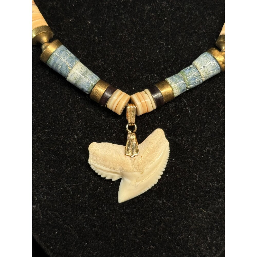 Vintage Heishi Blue Coral Shell Shark Tooth Necklace
